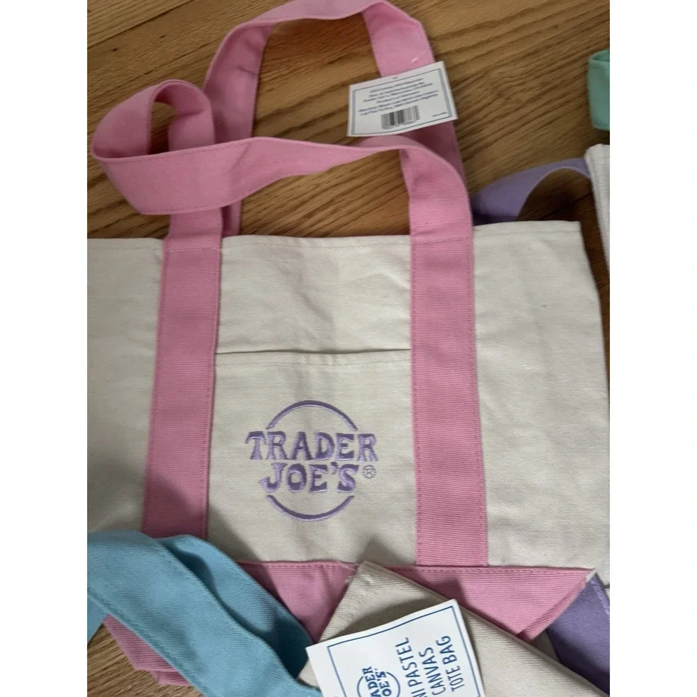 Trader Joe's Mini Pastel Canvas Tote Bag Set Of 4 Pink Blue Green Purple New
